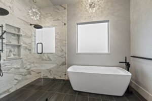 Ascent Custom Home Primary Suite Walk in Shower and Soaker Tub- Idaho Impact Homes - Boise, Idaho