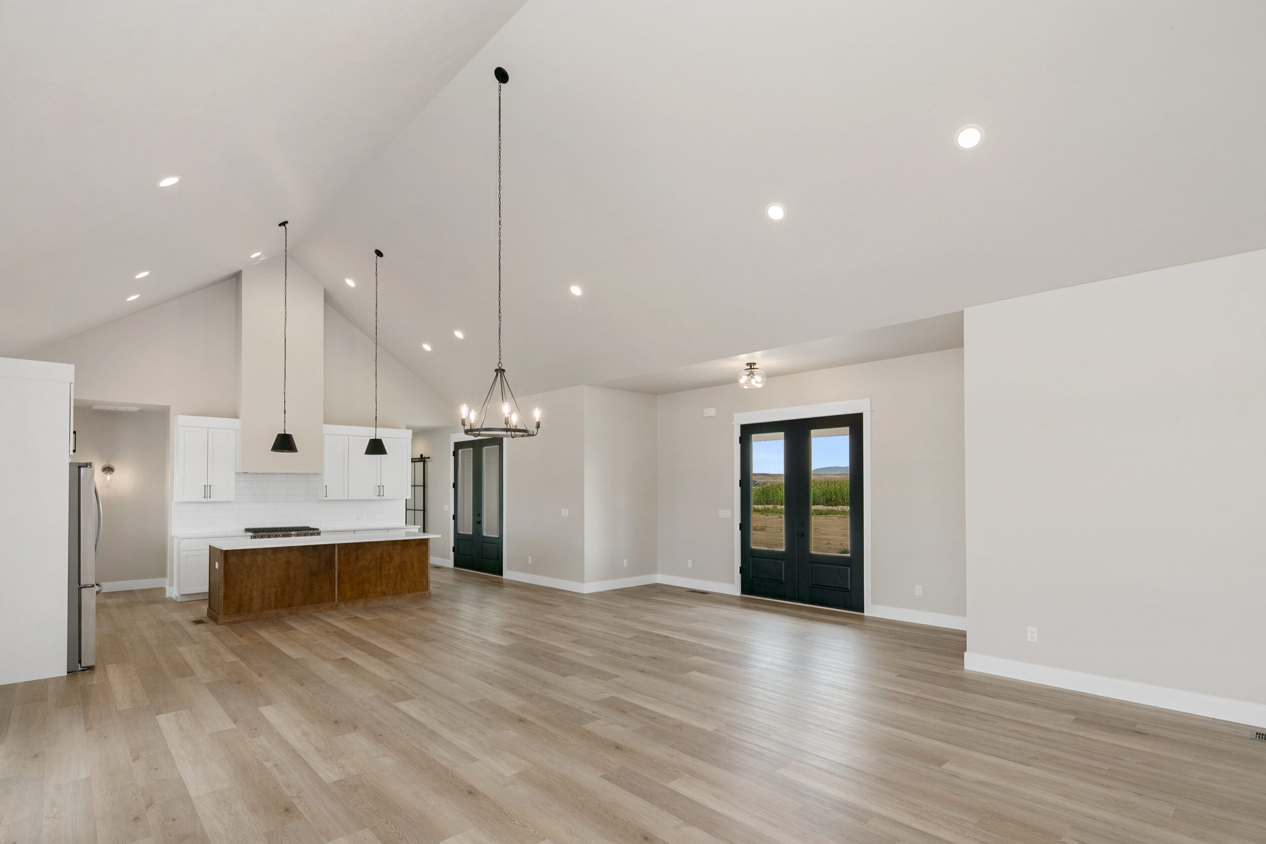 Flexible open living and kitchen space in an Idaho multigenerational custom home