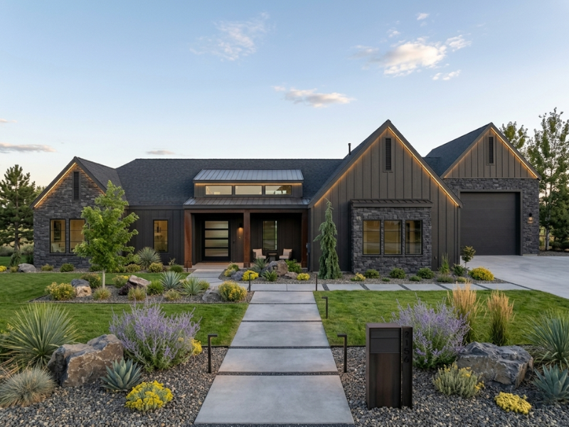 Custom home by an Idaho custom home builder in the Treasure Valley. The Sage floor plan by Idaho Impact Homes featuring a modern dark exterior, covered entry, three-car garage, and landscaped front yard.