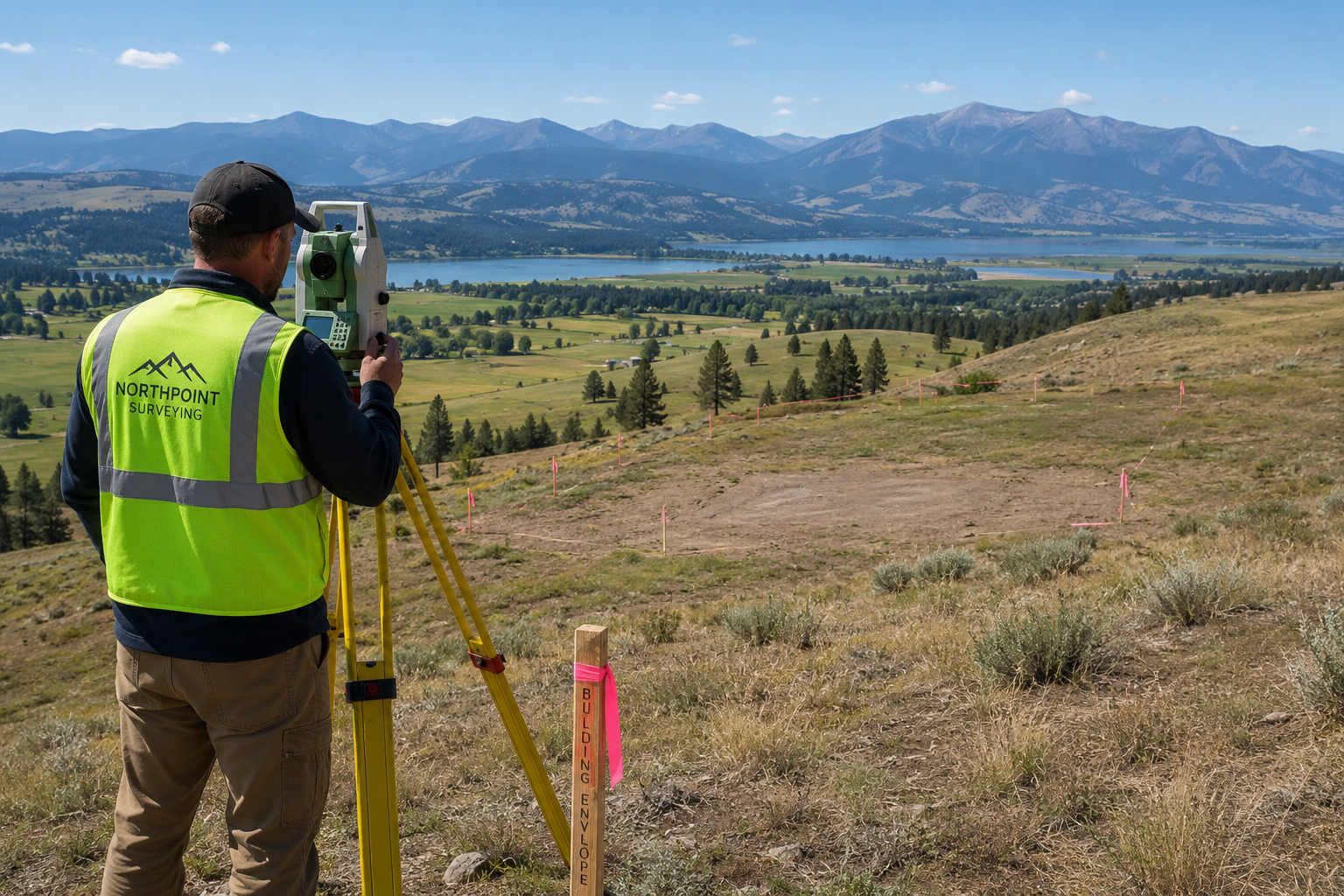 Surveyor evaluating buildable land in Idaho for a future custom home