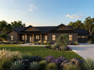The Cascade floor plan Exterior rendering by Idaho Impact Homes in a charcoal exterior style, featuring dark board-and-batten siding, black metal roofing, warm wood accents, desert-inspired landscaping, covered patio, and 3-car garage.