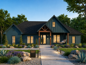 Exterior rendering of The Aspen floor plan by Idaho Impact Homes, a 2,201 sq ft custom home with 3 bedrooms, 2.5 bathrooms, 2-car garage, bonus room, vaulted great room, and covered patio.