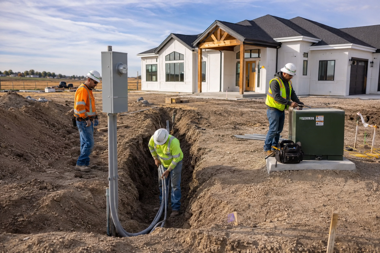 Utility crew installing power to land in Idaho for a new custom home