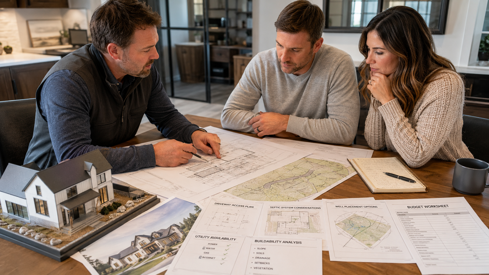Builder before buying land in Idaho reviewing plans with homeowners