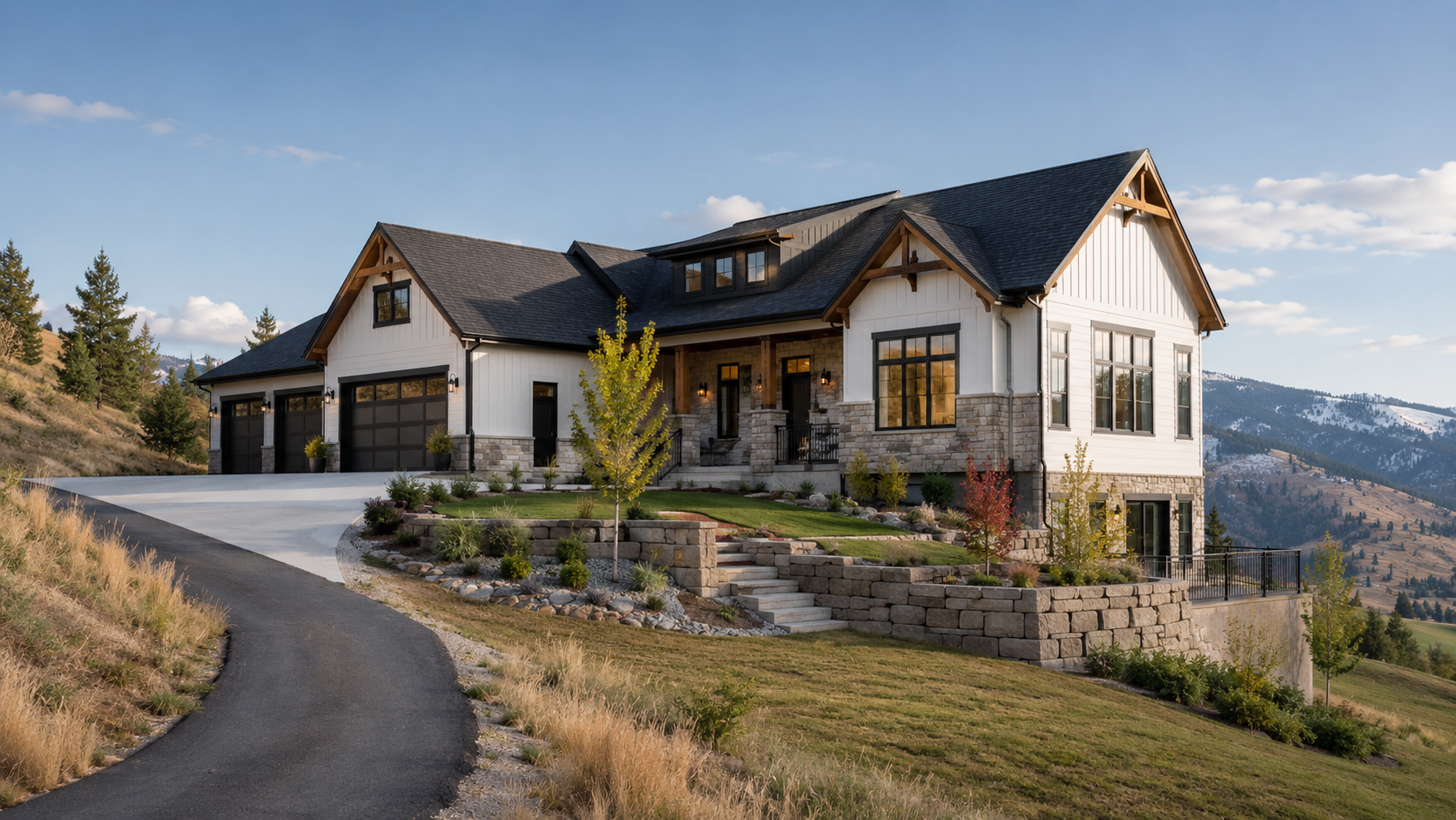 Building on Sloped Land in Idaho with a custom home, sloped driveway, and retaining walls