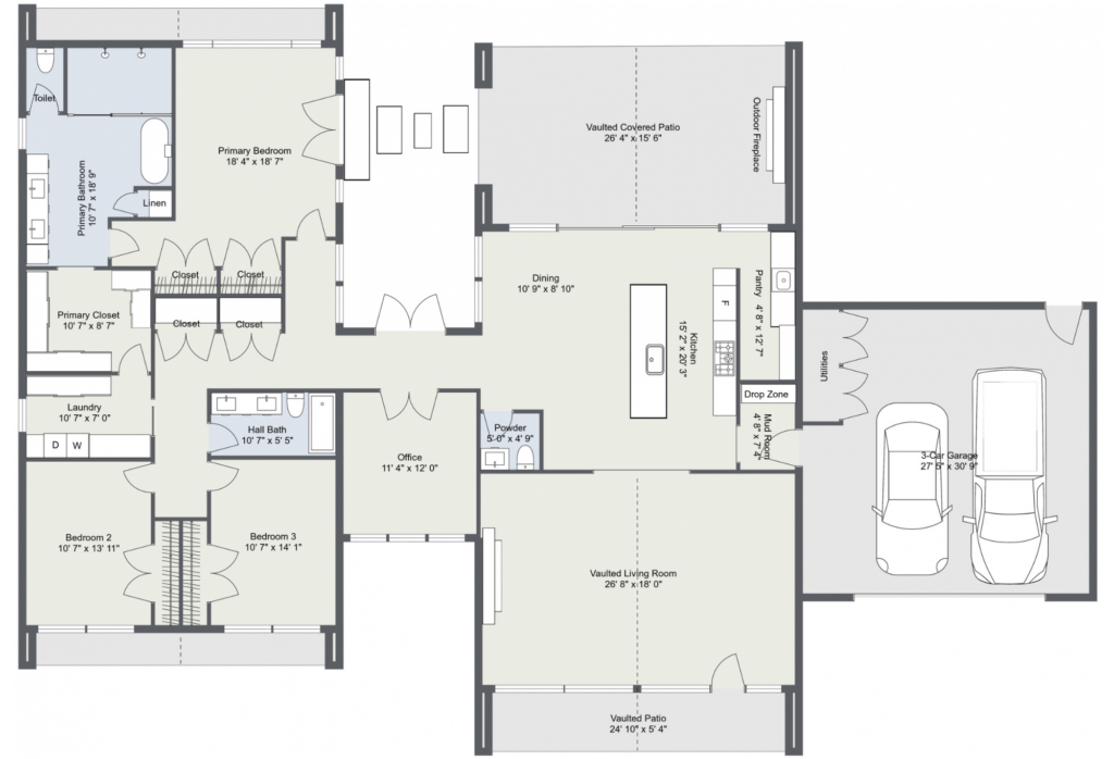 The Sierra floor plan 2D rendering by Idaho Impact Homes, showing a 2,605 sq ft layout with 3 bedrooms, office, 2.5 bathrooms, vaulted living room, kitchen, pantry, mud room, laundry room, 2-car garage, vaulted covered patio, and outdoor fireplace.