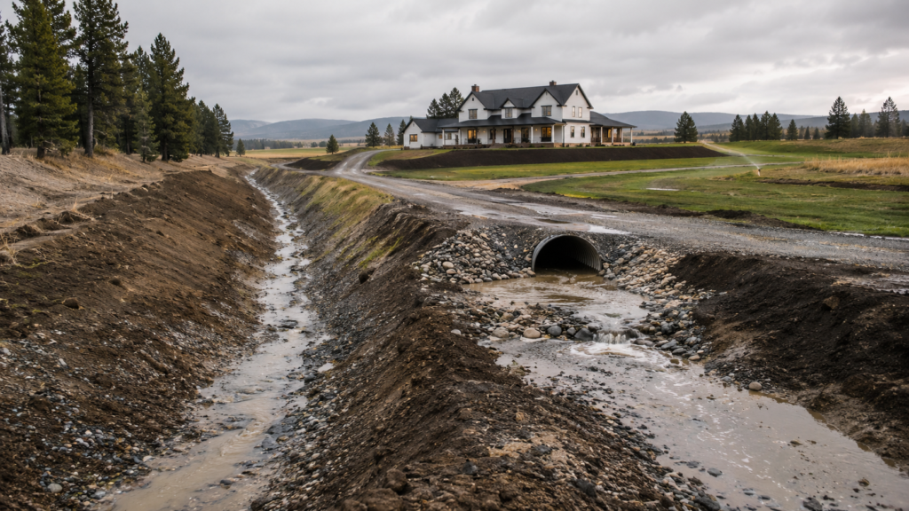 Acreage Drainage in Idaho with a culvert, gravel driveway, drainage swale, muddy runoff, and rural custom home site planning