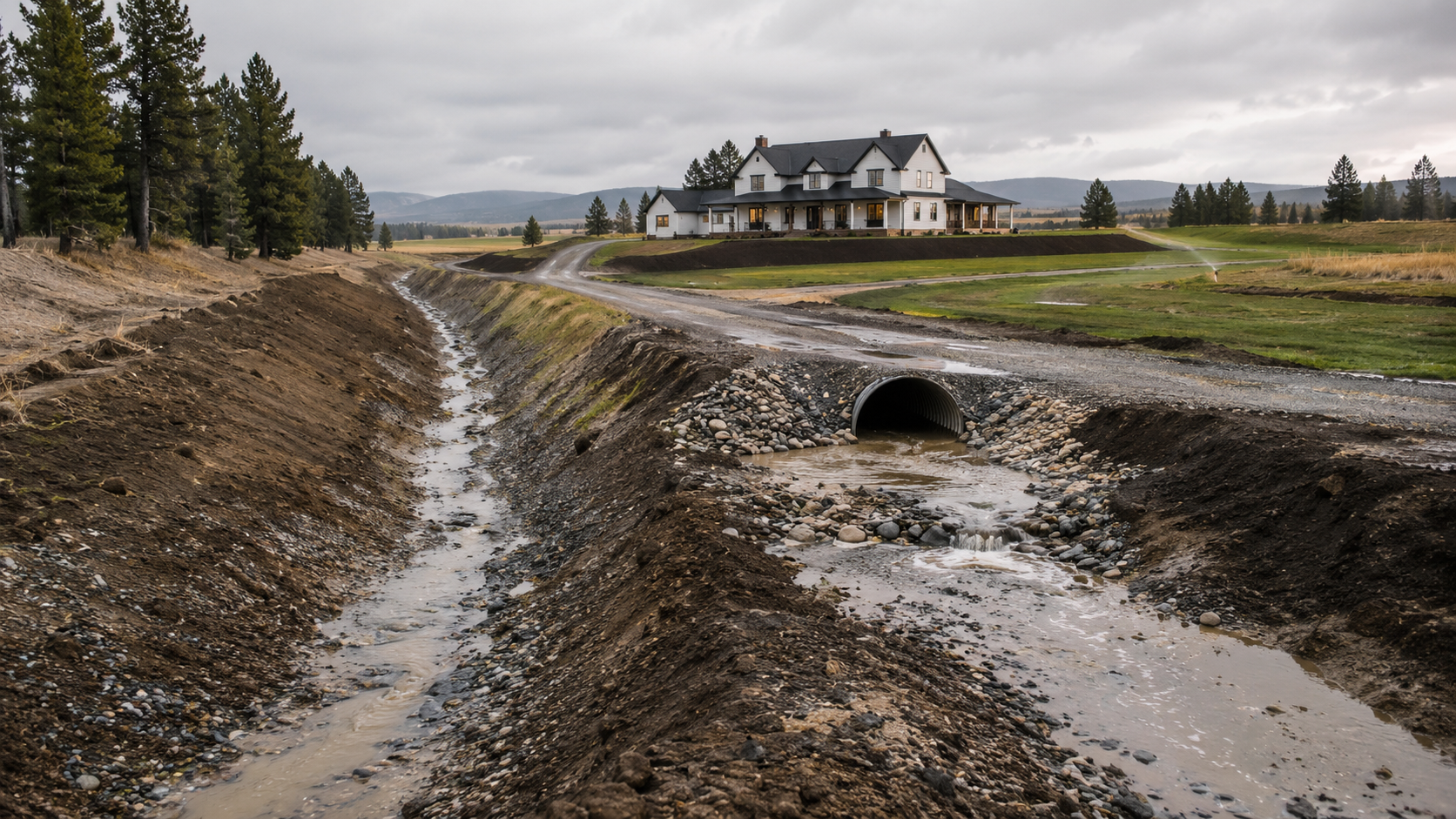 Acreage Drainage in Idaho with a culvert, gravel driveway, drainage swale, muddy runoff, and rural custom home site planning