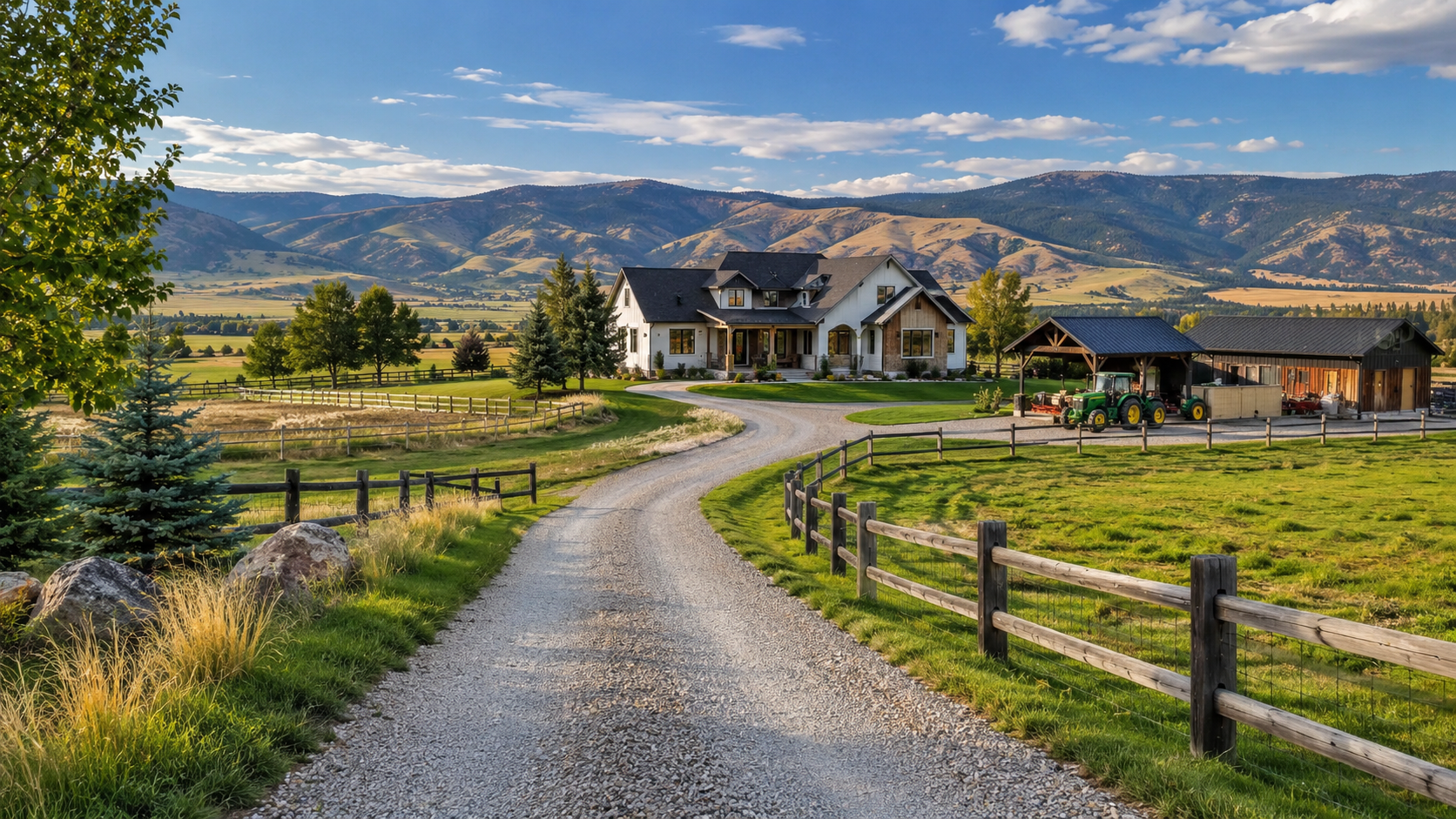 Acreage living in Idaho with a rural farmhouse, gravel driveway, fenced pasture, tractor, and open land