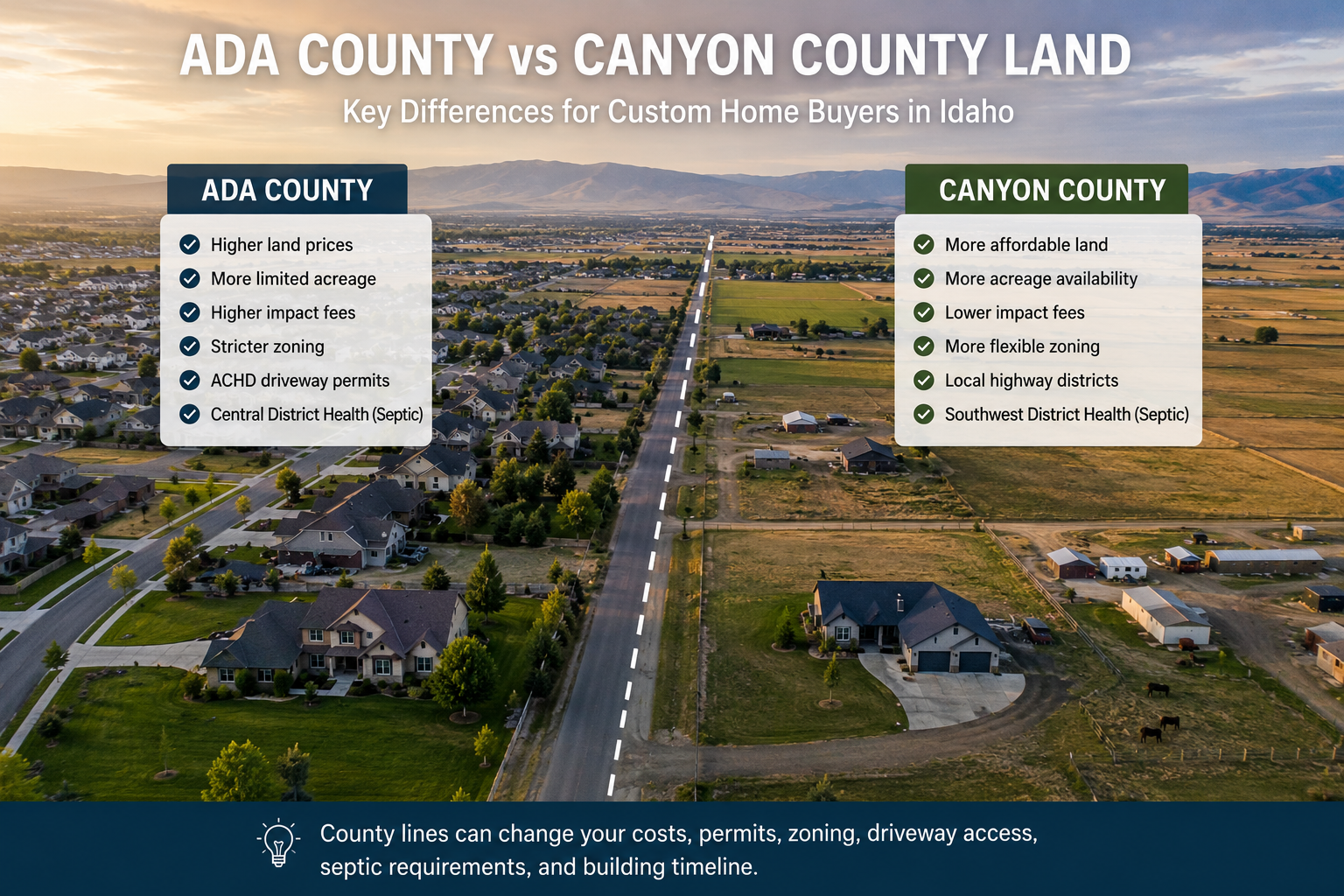 Canyon County Land compared with Ada County land for Idaho custom home buyers