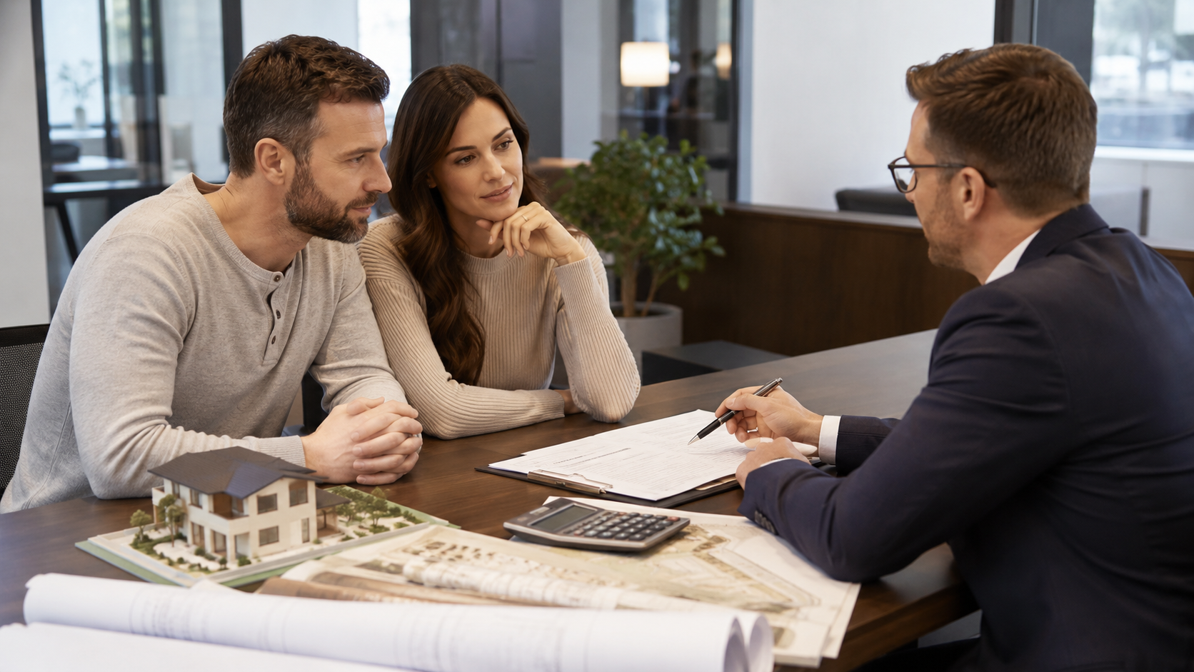 Construction Loans in Idaho meeting with a lender reviewing custom home plans, loan documents, and project costs