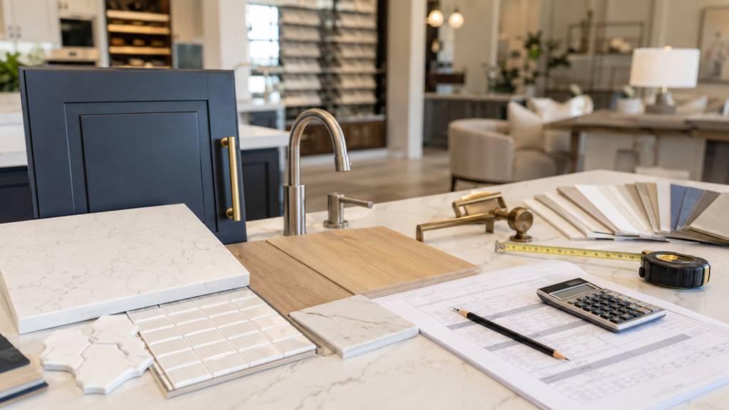 Custom Home Allowances shown with finish samples, cabinet materials, tile, flooring, and budget notes