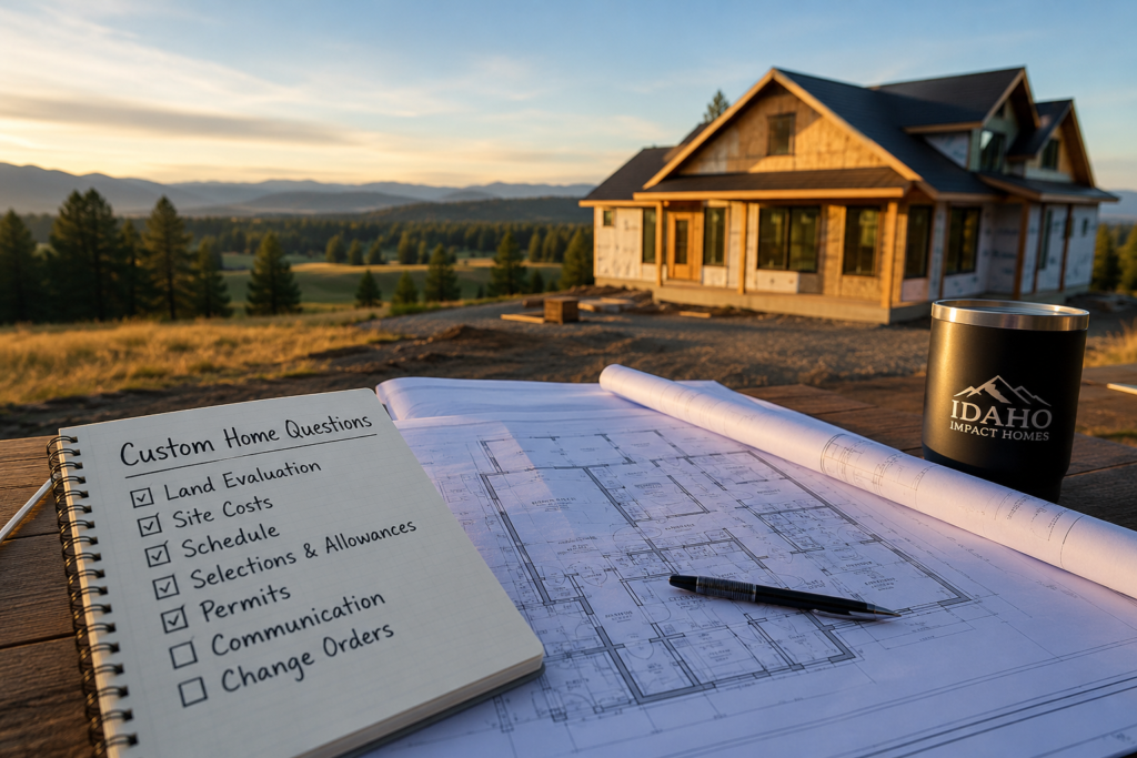 Custom Home Builder in Idaho planning checklist with blueprints at a rural home construction site