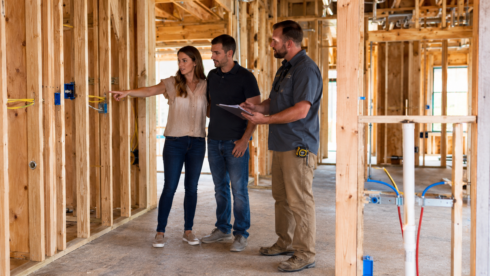 Custom Home Change Orders in Idaho with homeowners reviewing an outlet change inside a framed custom home during electrical and plumbing rough-in