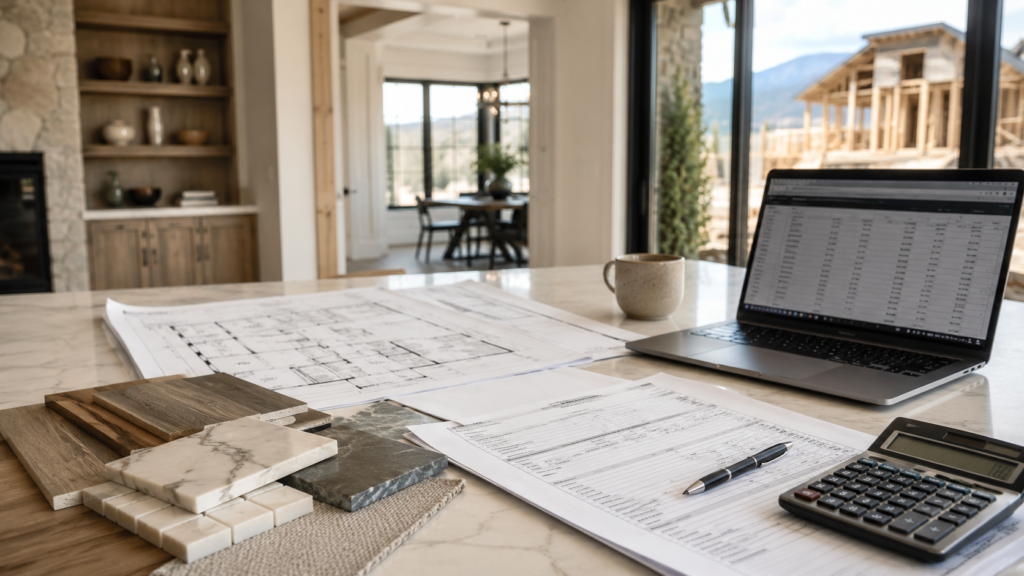 Custom Home Estimate with blueprints, budget notes, and construction planning documents