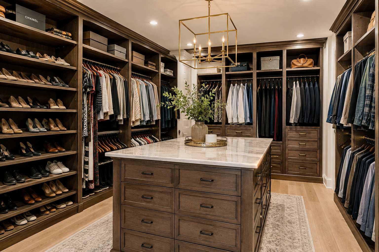 Custom Home Storage with a large walk-in closet, built-in shelving, drawers, hanging space, shoe storage, and closet island