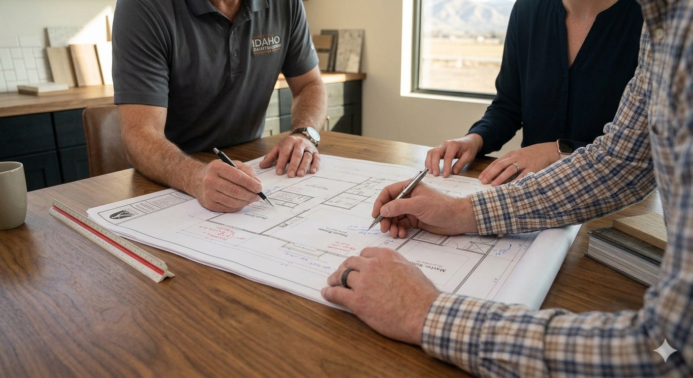 Builder and homeowners reviewing a custom home floor plan in Idaho